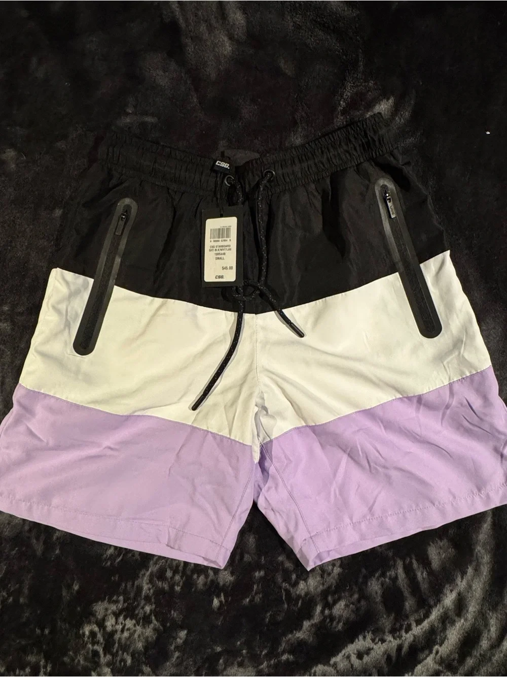 Colorblock Swim Shorts in Black, White & Lavender